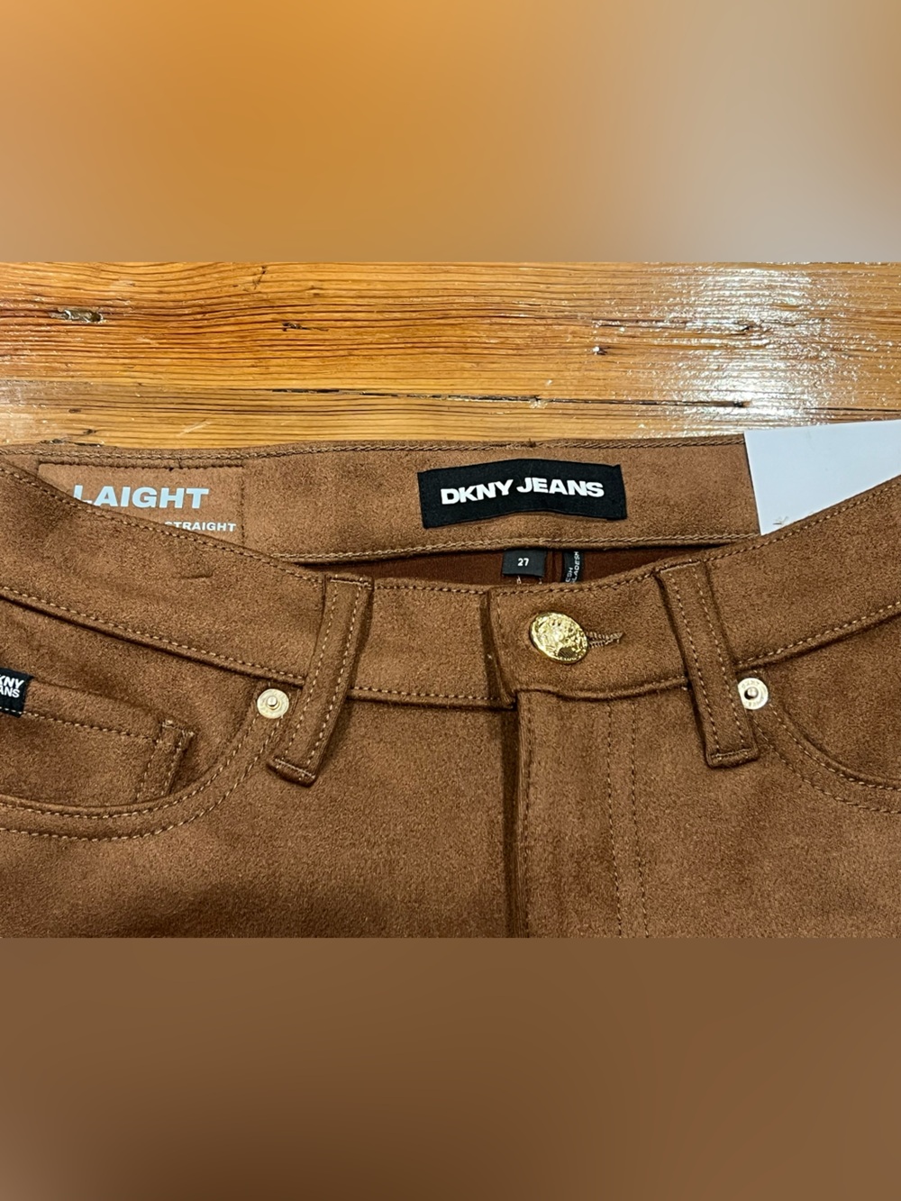 DKNY Women's Mid Rise Straight Suede Pants in Burnt Sugar Brown Polished NWT - Picture 7 of 12